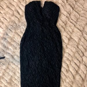 Strapless black bodycon laced midi dress in medium